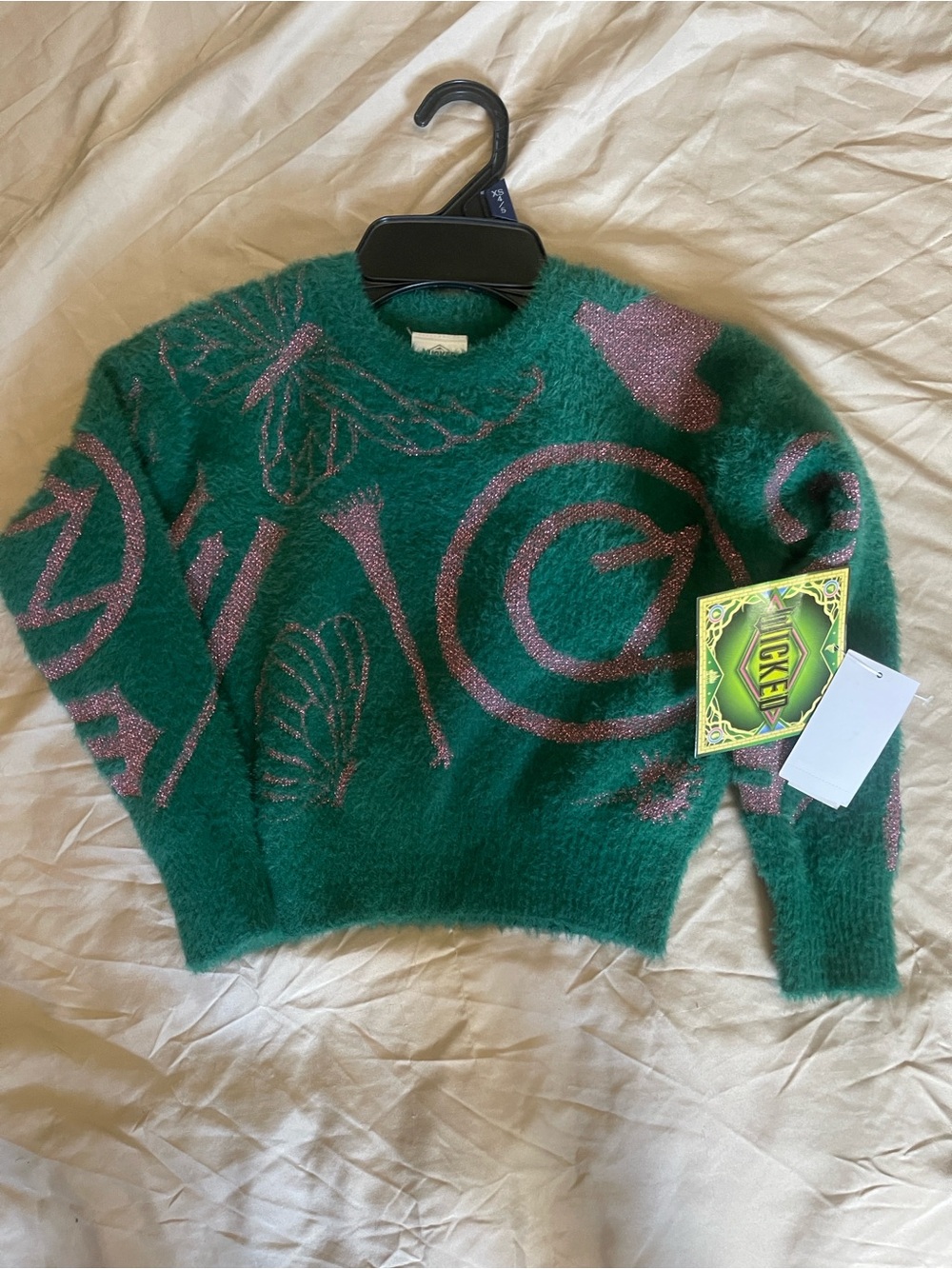 💕🔥 4/$16 Girls NWT Emerald Green Fuzzy Sweater with Pink Metallic Pattern